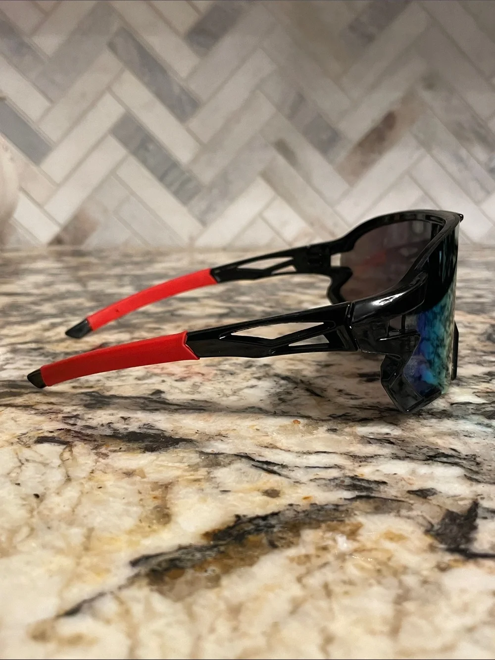 Sport Shield Sunglasses - Black Frame with Mirrored Green-Blue Lens